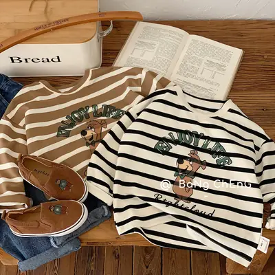 Kids Striped Long Sleeve T-Shirt Bear Print Korean Style