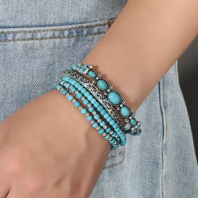 Turquoise Wooden Beads 5-Piece Bracelet Set with Bull Head Pendant