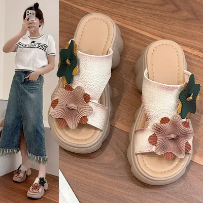 Women Ethnic Flower Sandals Thick Heel Casual Flip Flops