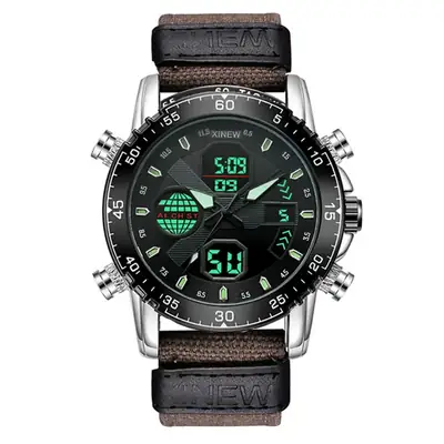Men's Dual Time Sports Watch with Green Digital Display