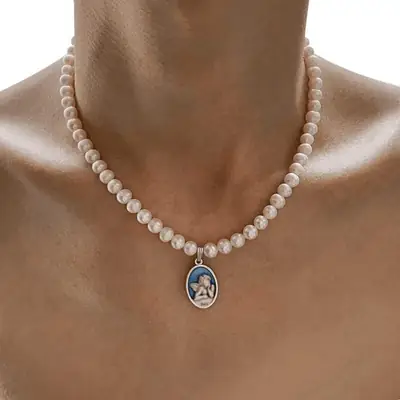 Men's Pearl Clavicle Necklace with Blue Pendant