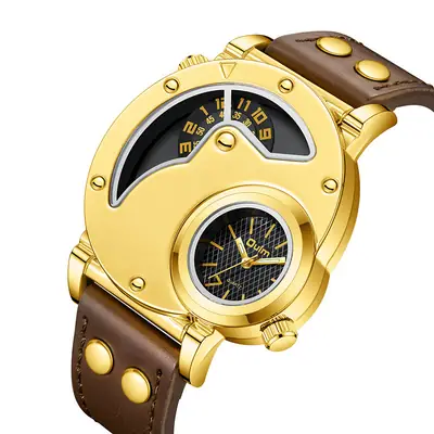 Men's Gold Quartz Watch Large Dial Brown Strap Sports Watch