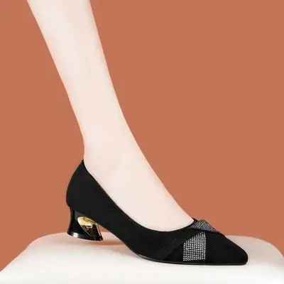 Women Rhinestone Pointed Heel Shoes Black Mid-heel 2024