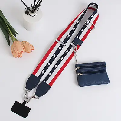 Women's Rainbow Stripe Crossbody Strap with Pink Leather Handle & Mini Zip Bag