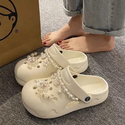 Women's Cream Floral Embellished Croc Heels