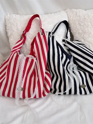 Vertical Stripe Canvas Shoulder Bag Red Black White