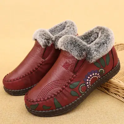 Old People's Cotton Shoes Women's Winter Non-slip Waterproof Old Beijing Cloth Shoes fleece-lined Warm Middle-aged and Old People's Grandma Mom Shoes with Soft Sole