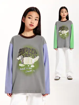 Girls Long Sleeve T-Shirt Grey Green White Loose Fit