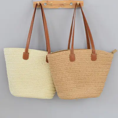 Women's Woven Shoulder Tote Bag Large Capacity Beige & Tan