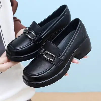Women's Black Leather Slip-on Heeled Loafers with Buckle Strap