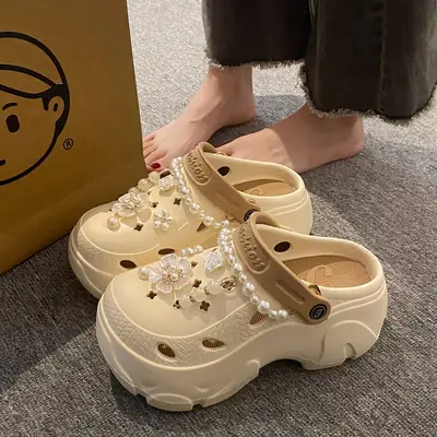 Women's Pink Pearl-Decorated Thick Sandals