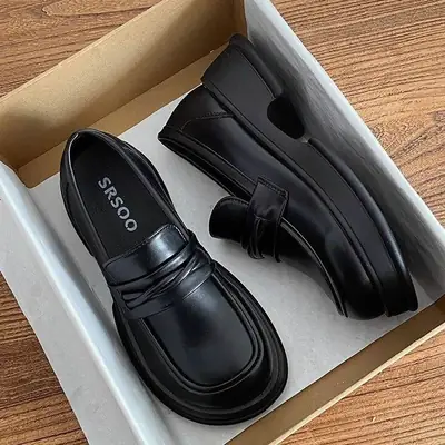 Black Retro British Style Women's Leather Shoes 2024