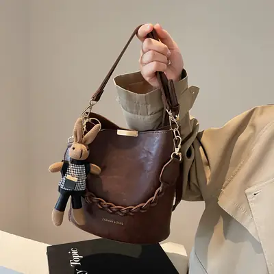 Women's Vintage Brown Shoulder Crossbody Bag with Teddy Bear Charm