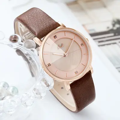 Women's Rose Gold Quartz Watch with Brown Leather Belt
