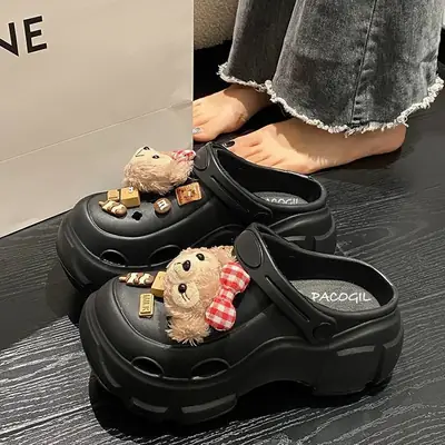 Women's White Platform Clogs with Bear Design