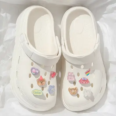 Women White Croc Croc Shoes with Cartoon Decor & Thick Soles