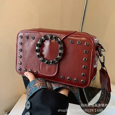 Women's Brown Leather Crossbody Bag with Studded Strap