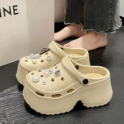 Women's Beige Rhinestone Heel Clogs Summer Slippers