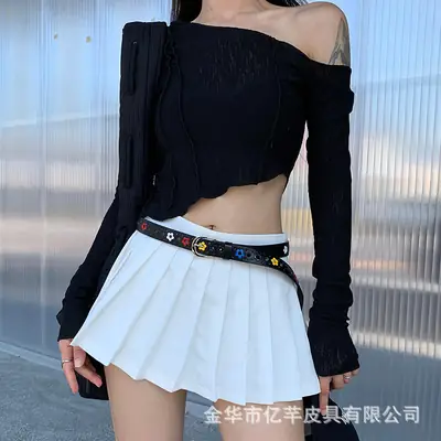 Black Embroidered Belted Skirt Top Set for Women
