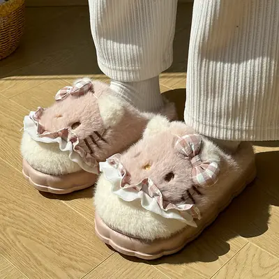 Girls Cotton Slippers Autumn and Winter Home Indoor Non-slip fleece-lined Thick Bottom Warm Plush Cartoon Kitten Cotton Slippers Student