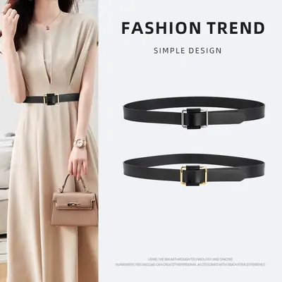 Black Leather Belt with Square Buckle for Women