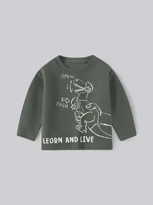 Kids Dinosaur Letter T-Shirt Brown Long Sleeve Cotton
