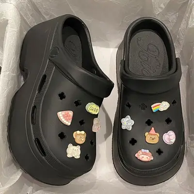 Women's Cartoon Croc Shoes Black Thick Heel Office Beach