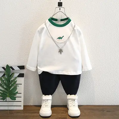 Children's White Dinosaur T-shirt Cotton Spring Autumn Top