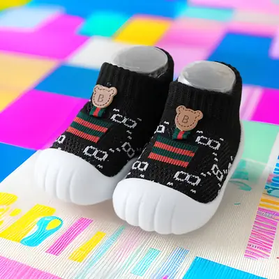 Baby Sneakers Black Embroidered 1-3Yr Soft Indoor Socks