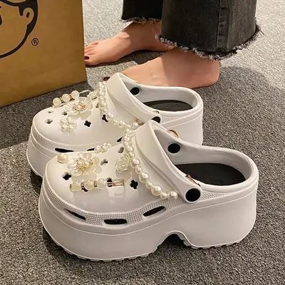 Women's Beige Pearl Croc Sandals Summer Non-Slip