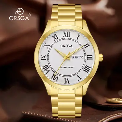 ORSGA Men's Gold Roman Dial Quartz Watch Brown Leather Strap