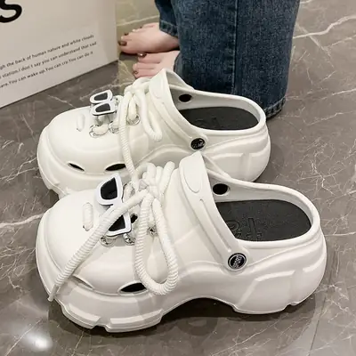 Women Black Thick Sandals with White Laces