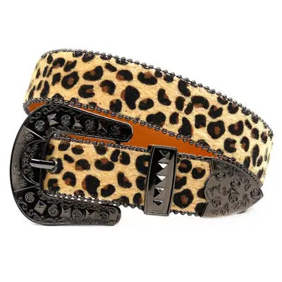 Leopard Print Women's Belt with Spike Buckle