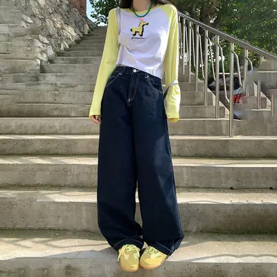Women American Style Wide Leg Jeans with High Waist Pants