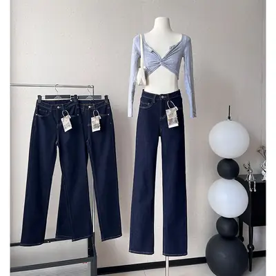 Dark Blue Wide Leg Jeans Women Spring Autumn