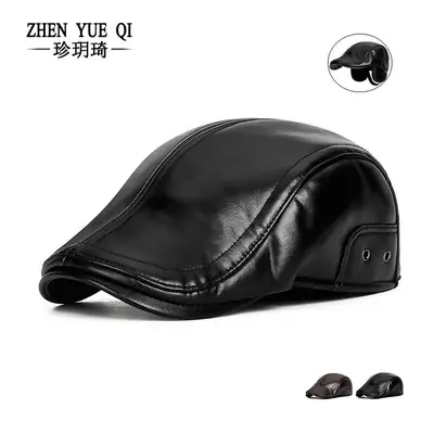 Men's Black PU Leather Adjustable Cap Winter Warm