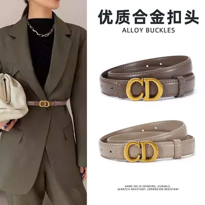 Women's Brown Cd Buckle Belt with Gold Plated Metal