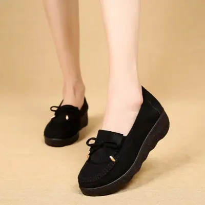 Black Slip-On Women's Platform Shoes with Bow Detail