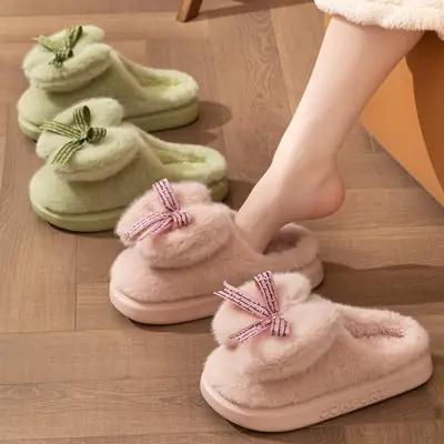 2026 New Style Women's Autumn and Winter Thick-Soled Home Slippers with Bowknot, Warm Soft-Soled Slippers for Winter