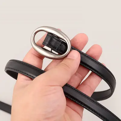 Black Genuine Leather Oval Buckle Belt for Women