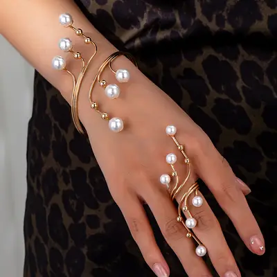 European and American Cross-Border Fashion Minimalist Geometric Pearl Winding Line Ring and Bracelet Set Exaggerated Women's Arm Bracelet