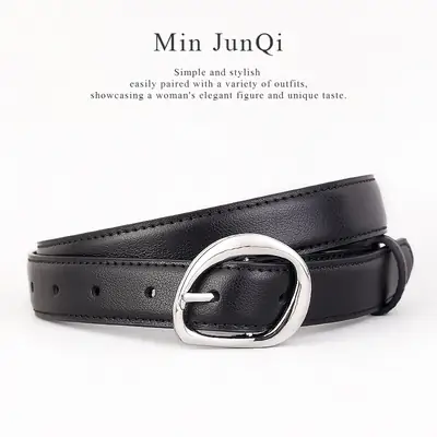 Women's Black Genuine Leather Belt with Oval Pin Buckle