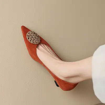 Black Pointed Toe Heel Shoes with Gold Buckle