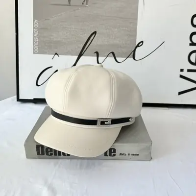 2025 Wool Cap British Retro Leather Bristle Beige