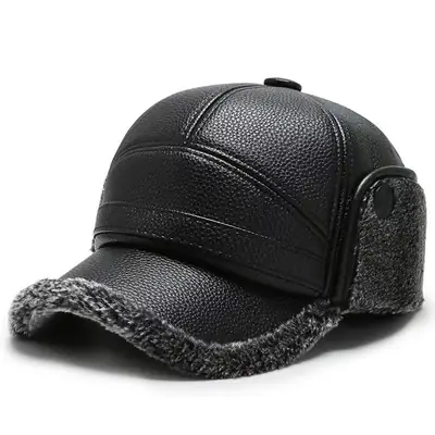 Winter Leather Fleece Cap for Men Windproof Warm