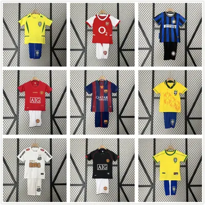 Vintage Football Clothes Children's Wear Brazil Barcelona Santos Man Arsenal Real Madrid AC Short Sleeve suit Club Jersey