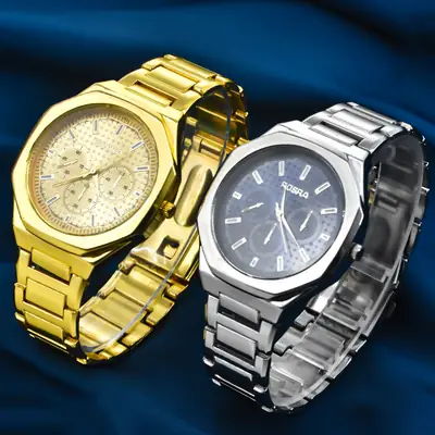Men's Black Steel Band Quartz Watch with Business Calendar