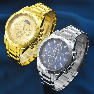 Gold Cross-Eye Men's Chronograph Watch with Steel Band