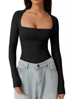 Cross-Border European and American Style Square-Neck Shirt, Autumn Long-Sleeve Pullover Slim-Fit Milk Silk T-Shirt, Elegant and Graceful