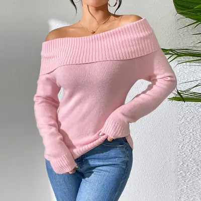 Women's Off-Shoulder Knitted Sweater Solid Color